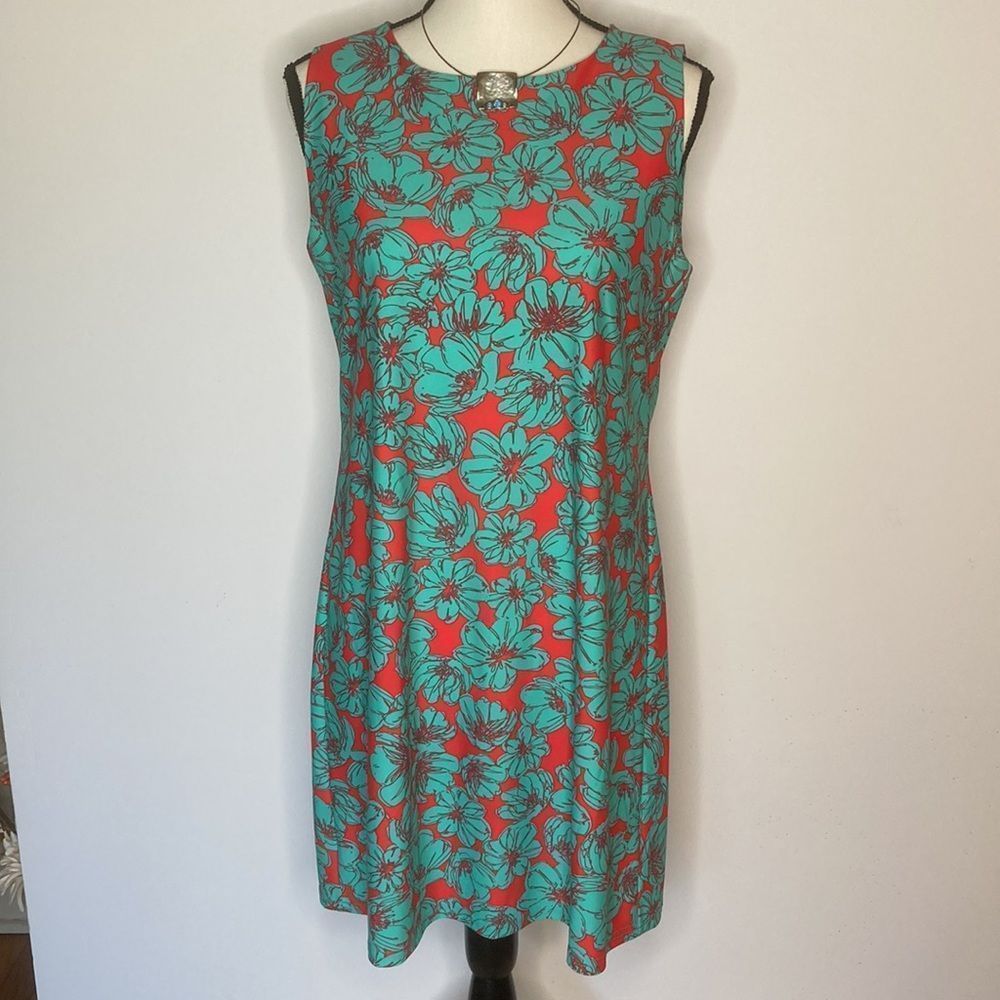 Axueh sheath dress, Floral Turquoise/Coral, wrinkle free Size Large - Picture 2 of 12